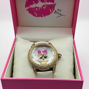 Betsey Johnson Skull Watch White Leather Band Crystals Gold Tone Needs Battery